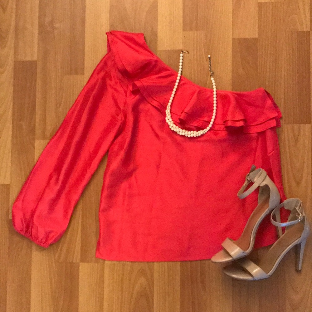 J Crew Coral Pink One Shoulder Ruffle Top ✨